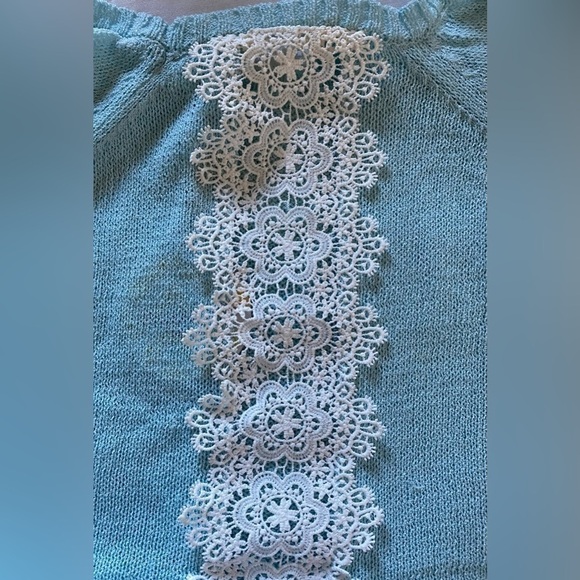 NEW w/TAGS Hayden light blue woven braided shoulder crochet back sweater Medium - Picture 6 of 9